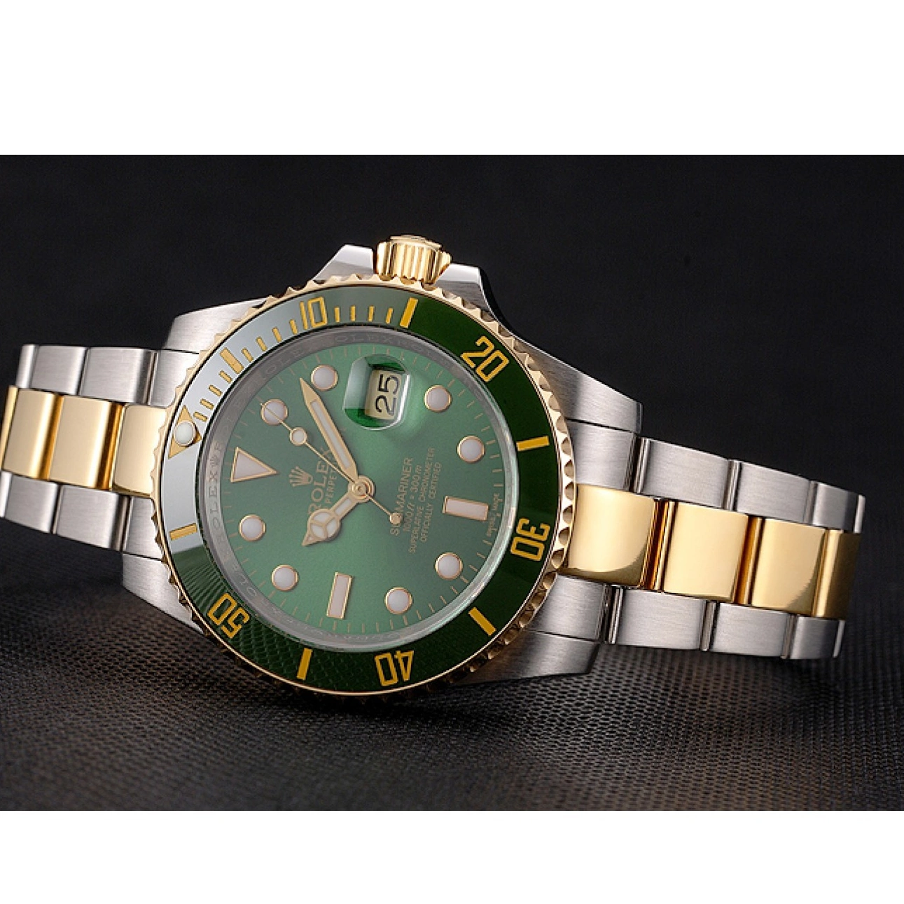 Aaa replica watch Steel Submariner Green Gold And Dial Two Bezel Rolex Swiss Tone Bracelet 0716